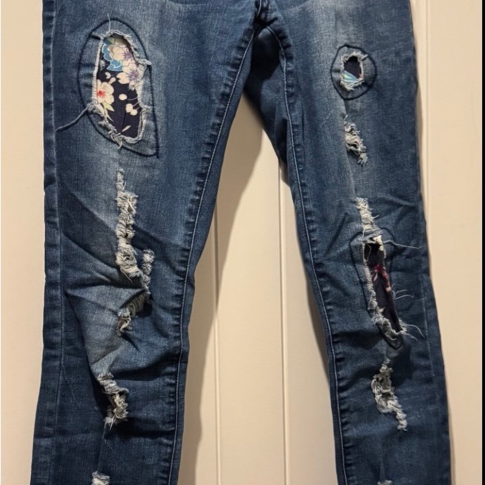 Cleo Blue Distressed Skinny Jeans with Floral Accents